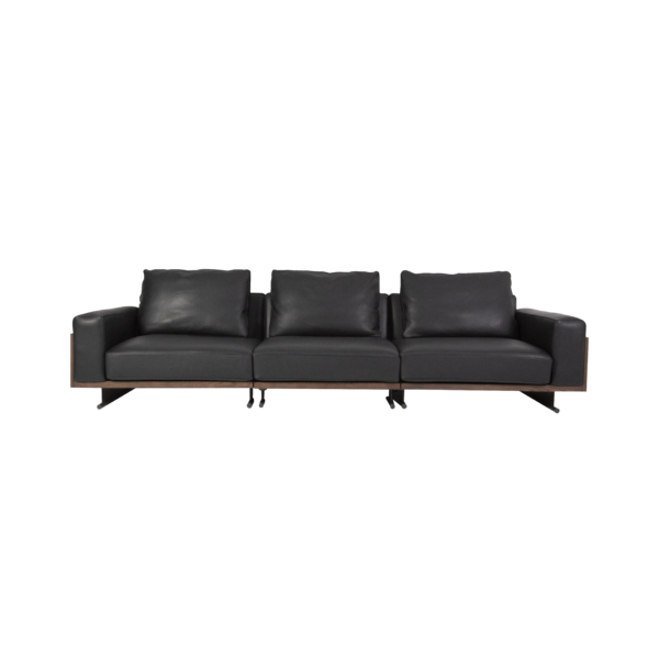 Ash Wood Panel Sofa with Sled Base | Studio Render White Background View 1 Ash wood panel sofa with sled base studio render white background fabric version three-seater ivory cream linen