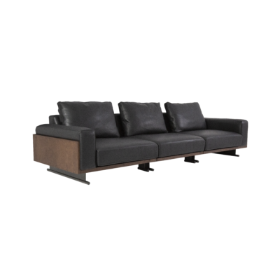 Ash wood panel sofa with sled base studio render white background view 2 three quarter angle linen version