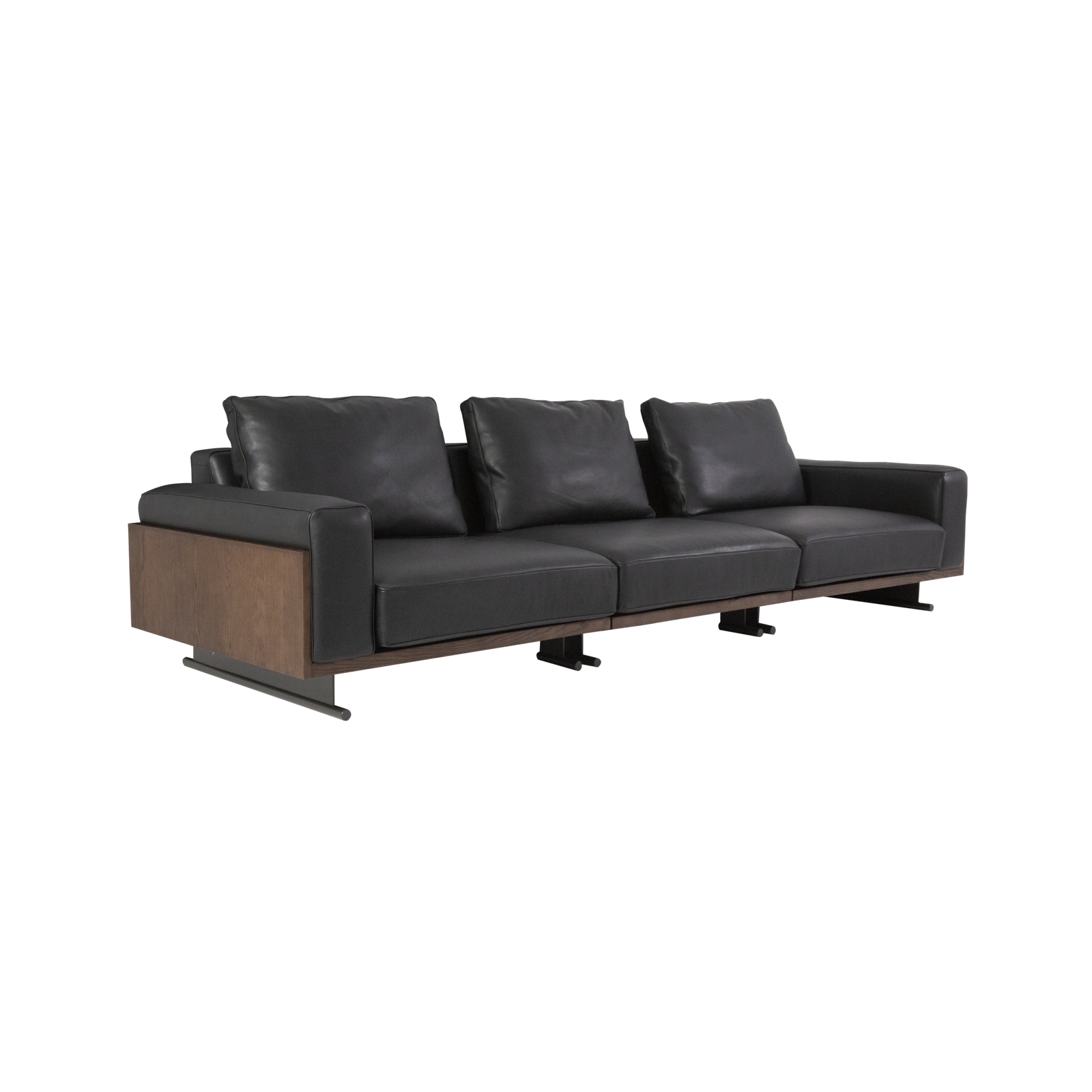 Ash wood panel sofa with sled base studio render white background view 2 three quarter angle linen version