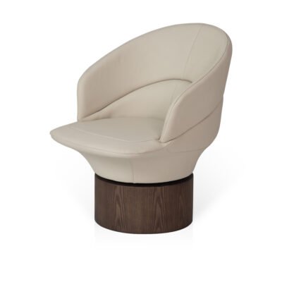leather accent chair pearl ivory cowhide barrel back ash wood drum base angled view