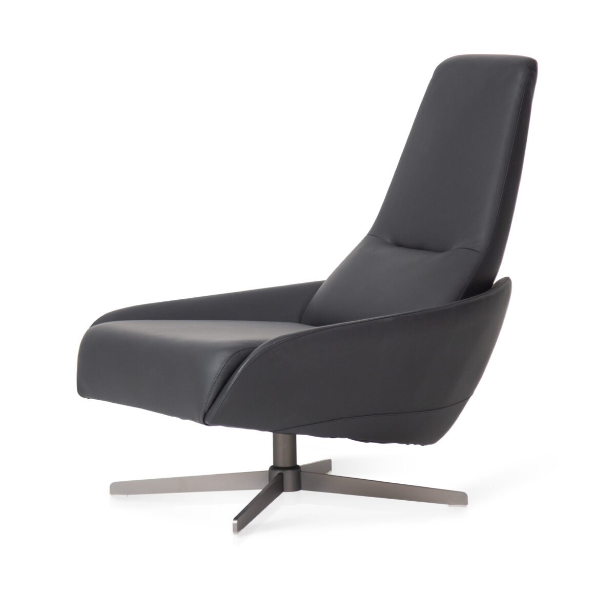 high back swivel chair charcoal cowhide titanium steel 4-star base angled view