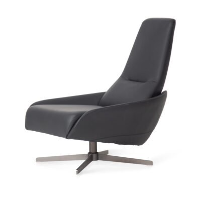 high back swivel chair charcoal cowhide titanium steel 4-star base angled view