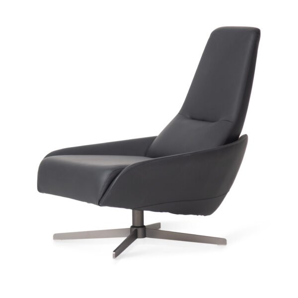 high back swivel chair charcoal cowhide titanium steel 4-star base angled view