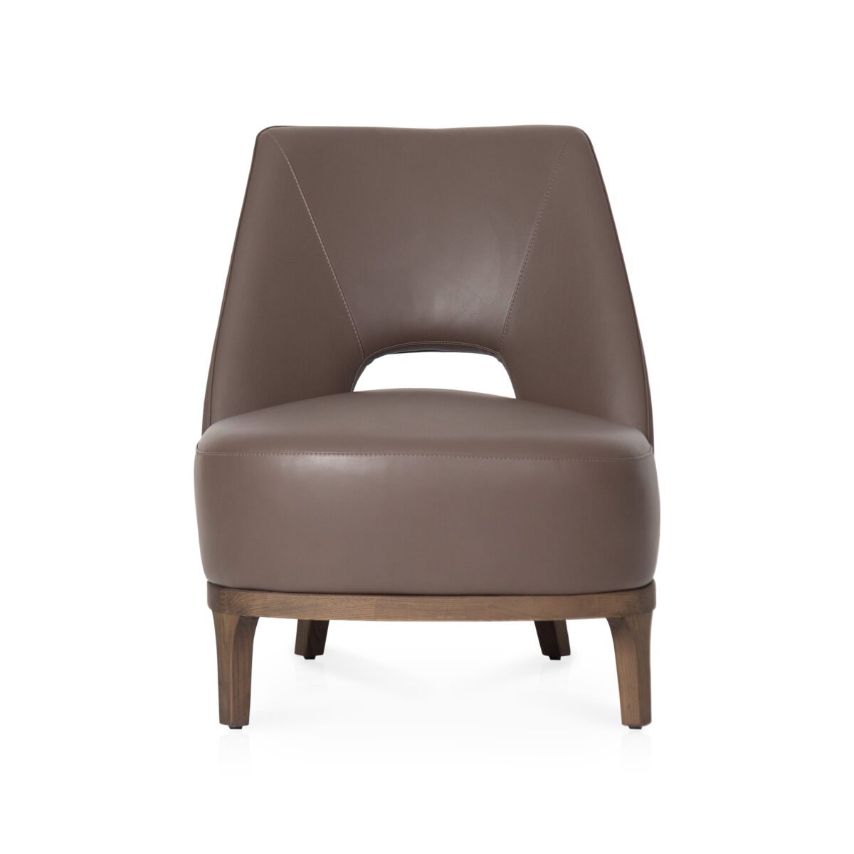 leather slipper chair taupe cowhide sculptural cutout backrest ash wood legs angled view