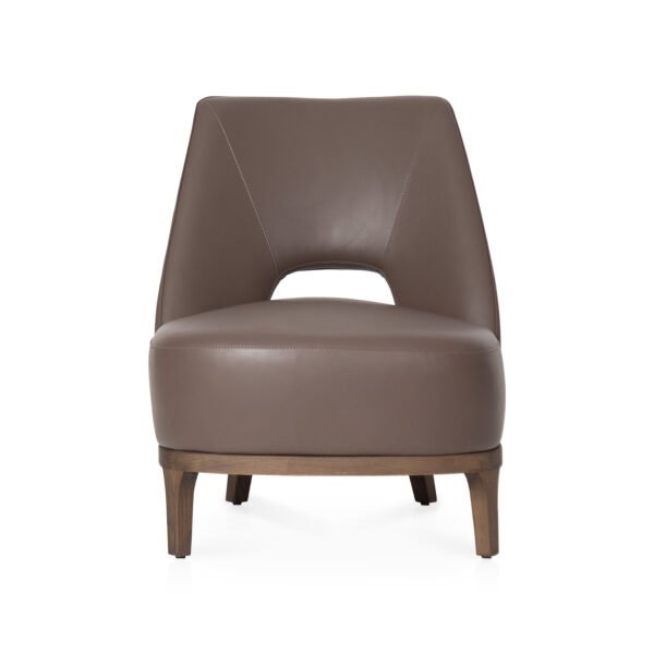leather slipper chair taupe cowhide sculptural cutout backrest ash wood legs angled view