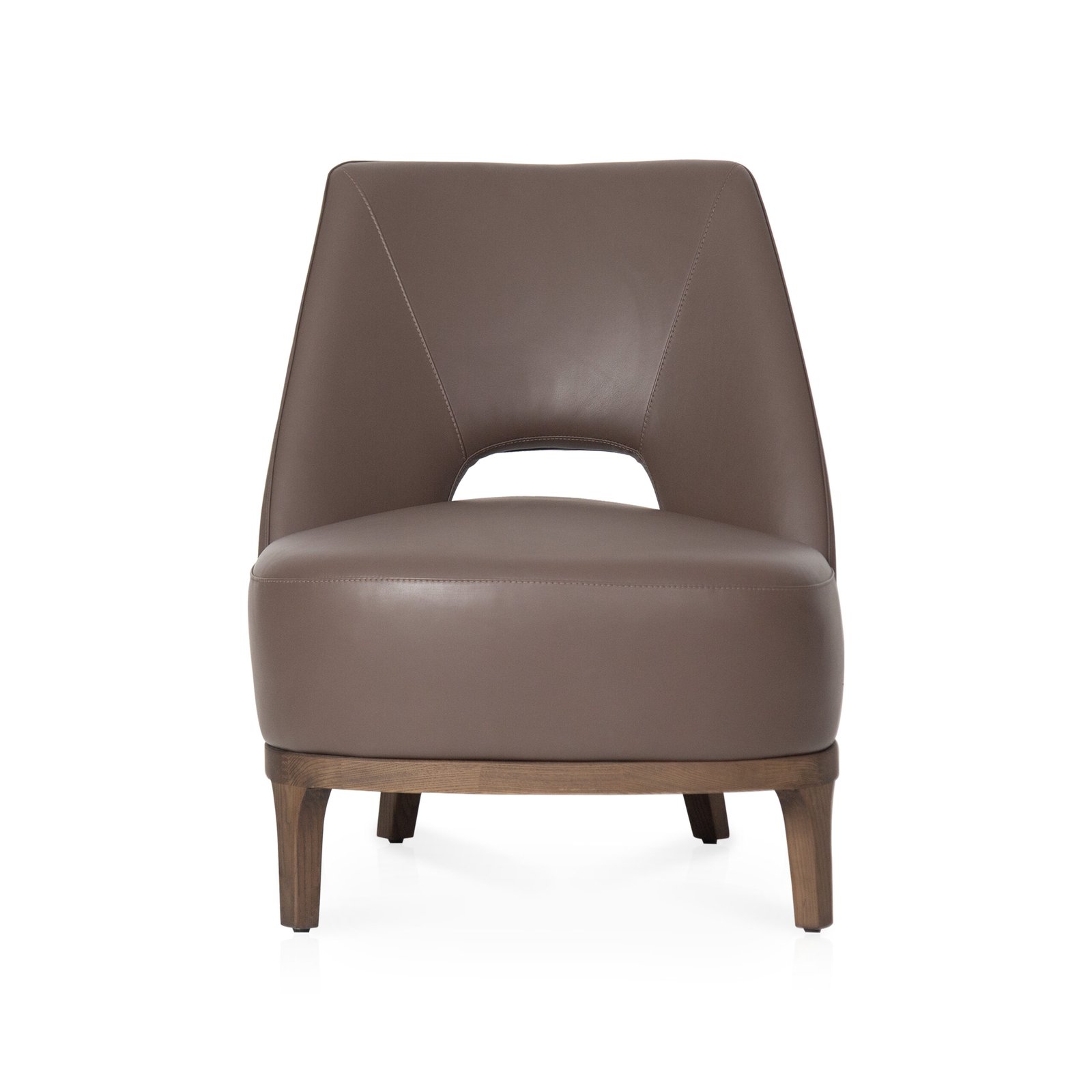 leather slipper chair taupe cowhide sculptural cutout backrest ash wood legs angled view