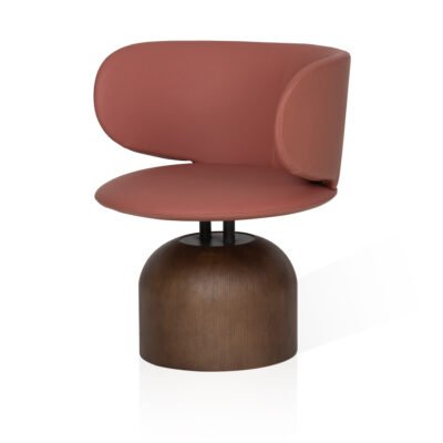 swivel accent chair terracotta cowhide ash wood pedestal base angled view