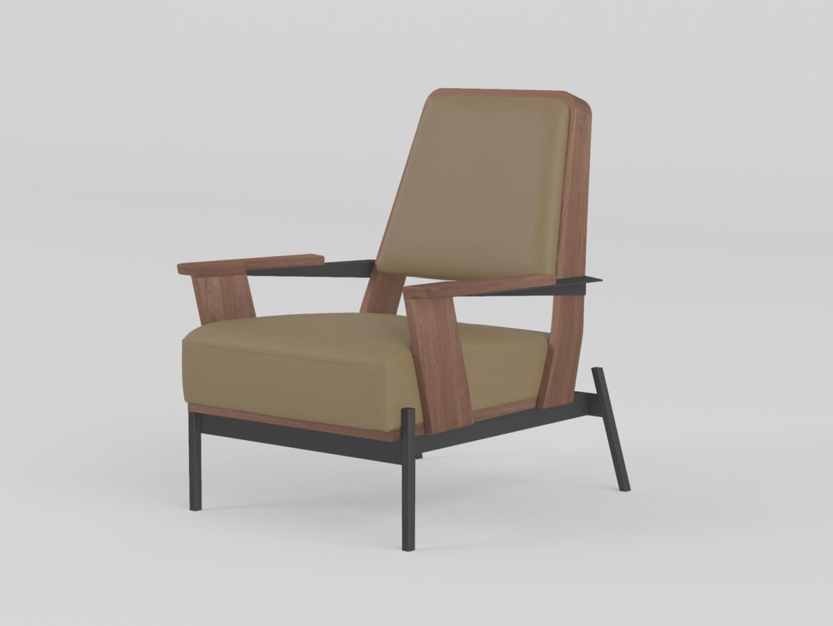 Cowhide leisure chair with ash wood frame stone grey leather walnut ash wood titanium steel base 80x69x86cm white background