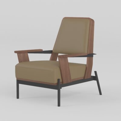 Cowhide leisure chair with ash wood frame stone grey leather walnut ash wood titanium steel base 80x69x86cm white background
