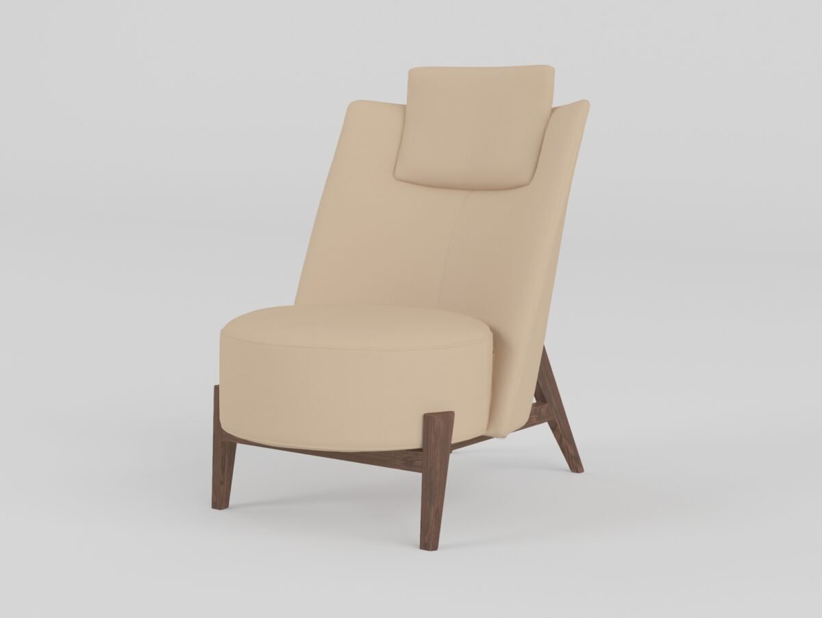 High-back cowhide lounge chair with headrest primary white background sandy beige leather sculptural ash wood 60x85x90cm