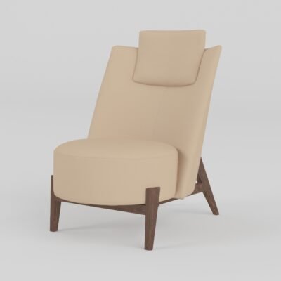 High-back cowhide lounge chair with headrest primary white background sandy beige leather sculptural ash wood 60x85x90cm