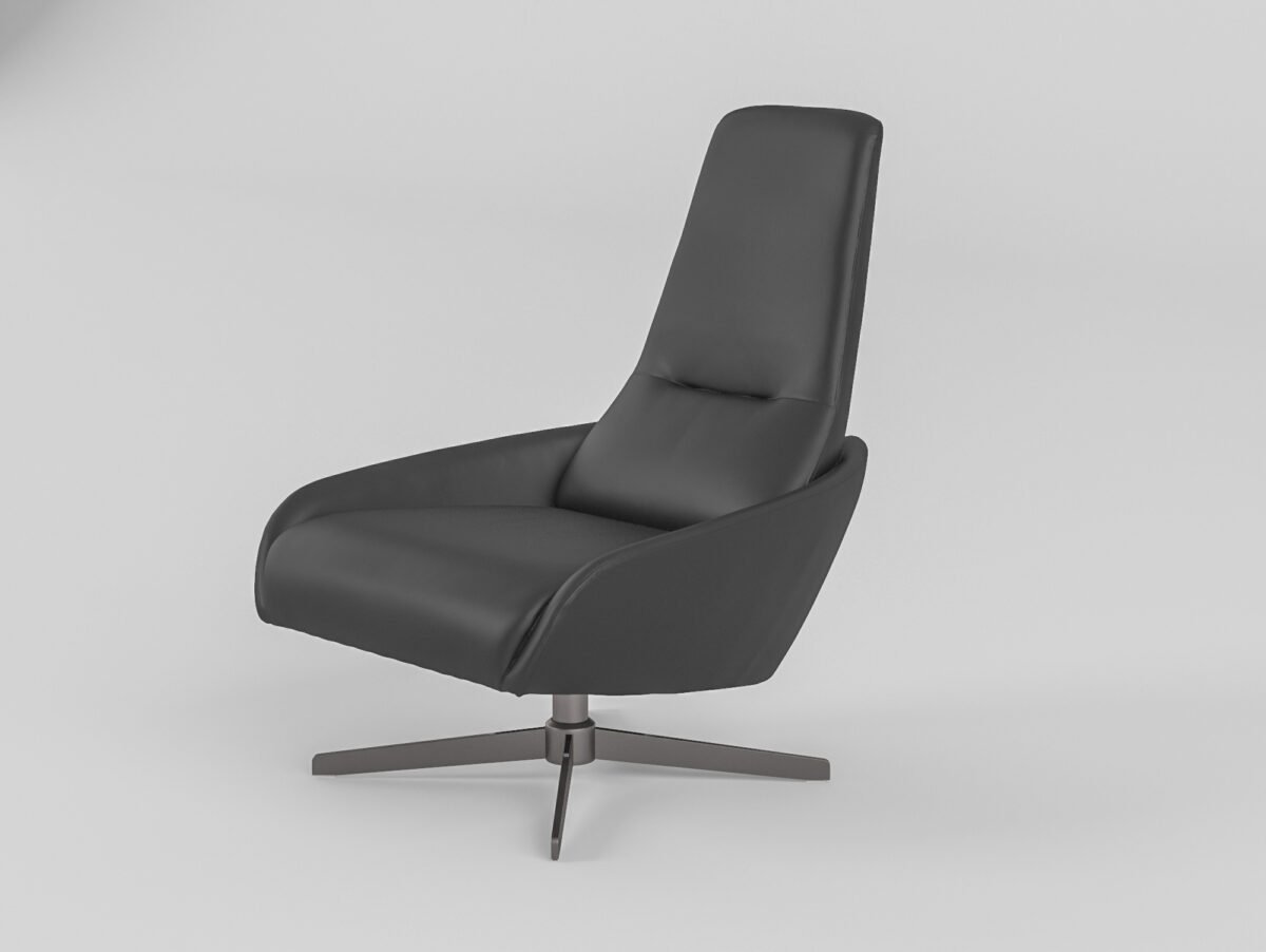 high back swivel chair charcoal cowhide front angled view titanium steel base