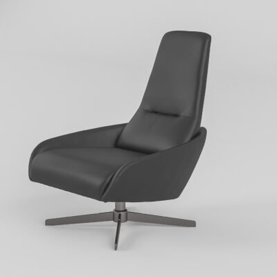 high back swivel chair charcoal cowhide front angled view titanium steel base