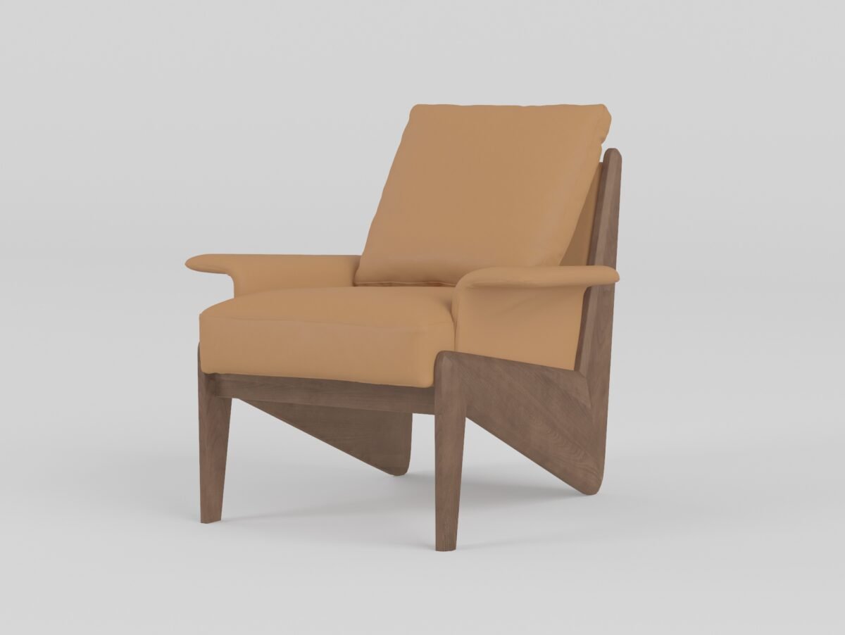 leather chair with wood arms camel cowhide ash wood A-frame white background