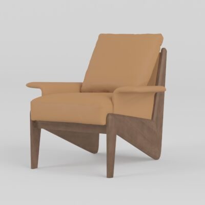 leather chair with wood arms camel cowhide ash wood A-frame white background