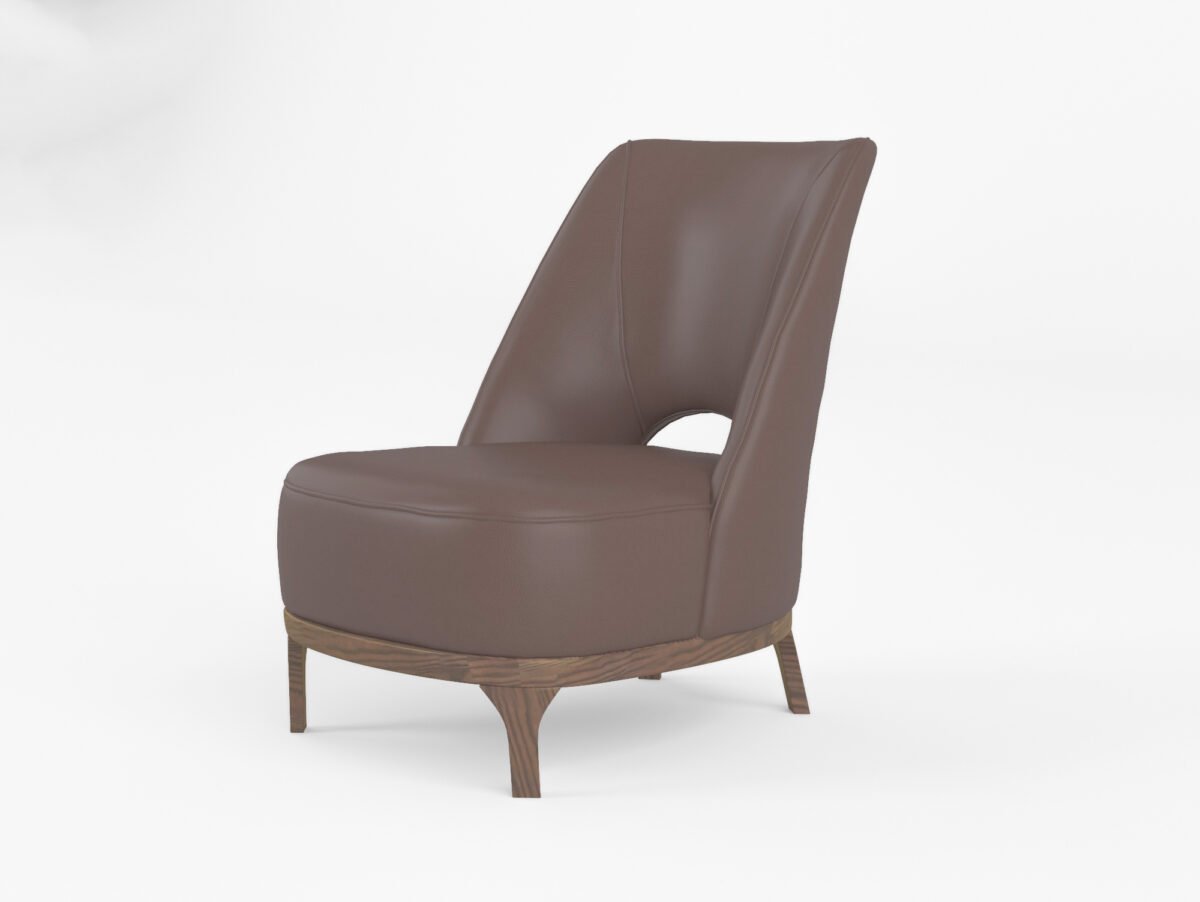 leather slipper chair taupe cowhide front angled view ash wood legs cutout detail