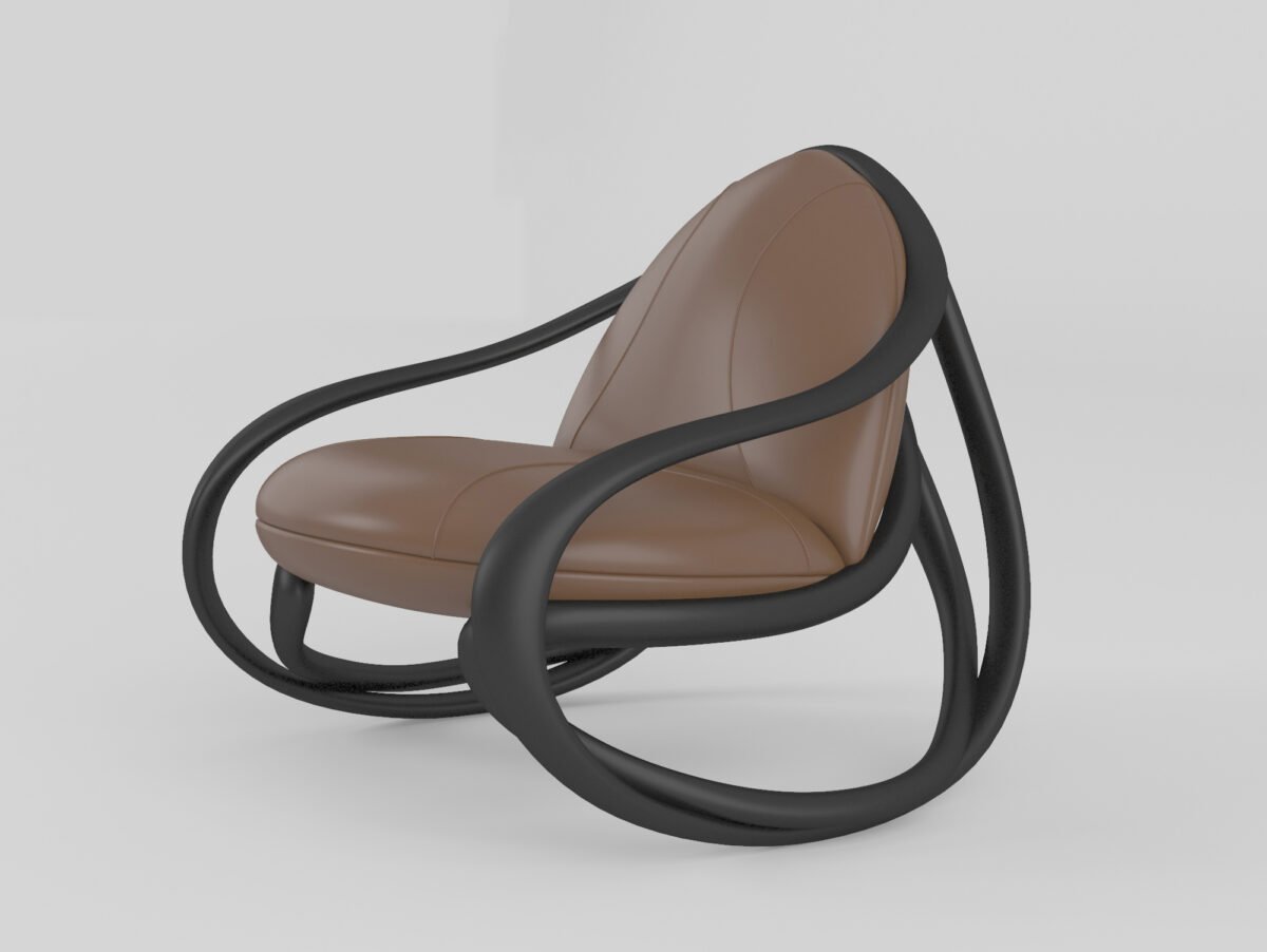 sculptural lounge chair caramel cowhide fiberglass tubular frame side profile view