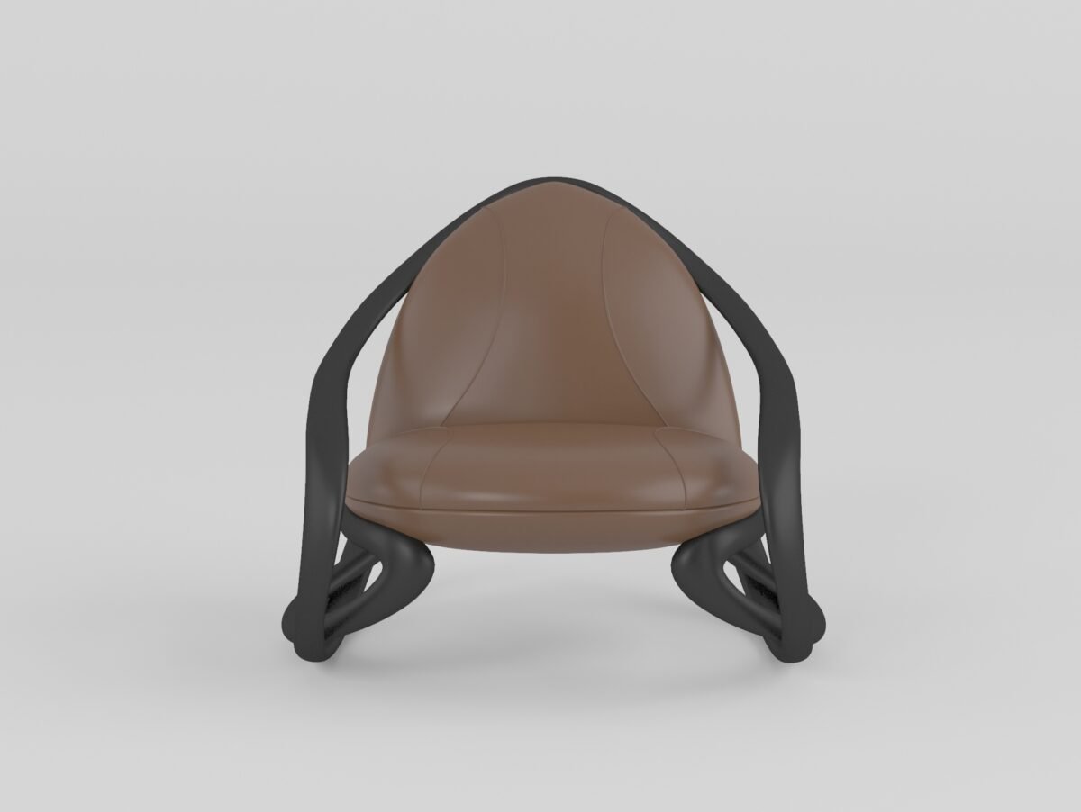sculptural lounge chair caramel cowhide fiberglass tubular frame rear angled view