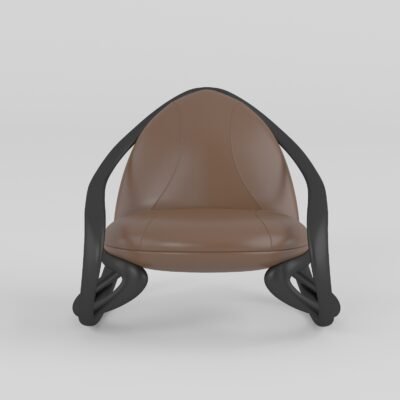 sculptural lounge chair caramel cowhide fiberglass tubular frame rear angled view