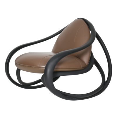 Sculptural Lounge Chair Caramel Cowhide Fiberglass Tubular Frame Angled View sculptural lounge chair caramel cowhide fiberglass tubular frame angled view