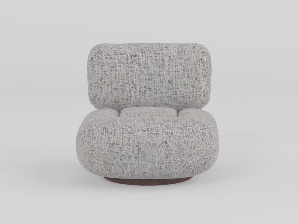 Leisure chair upholstered in premium fabric, alternate angle