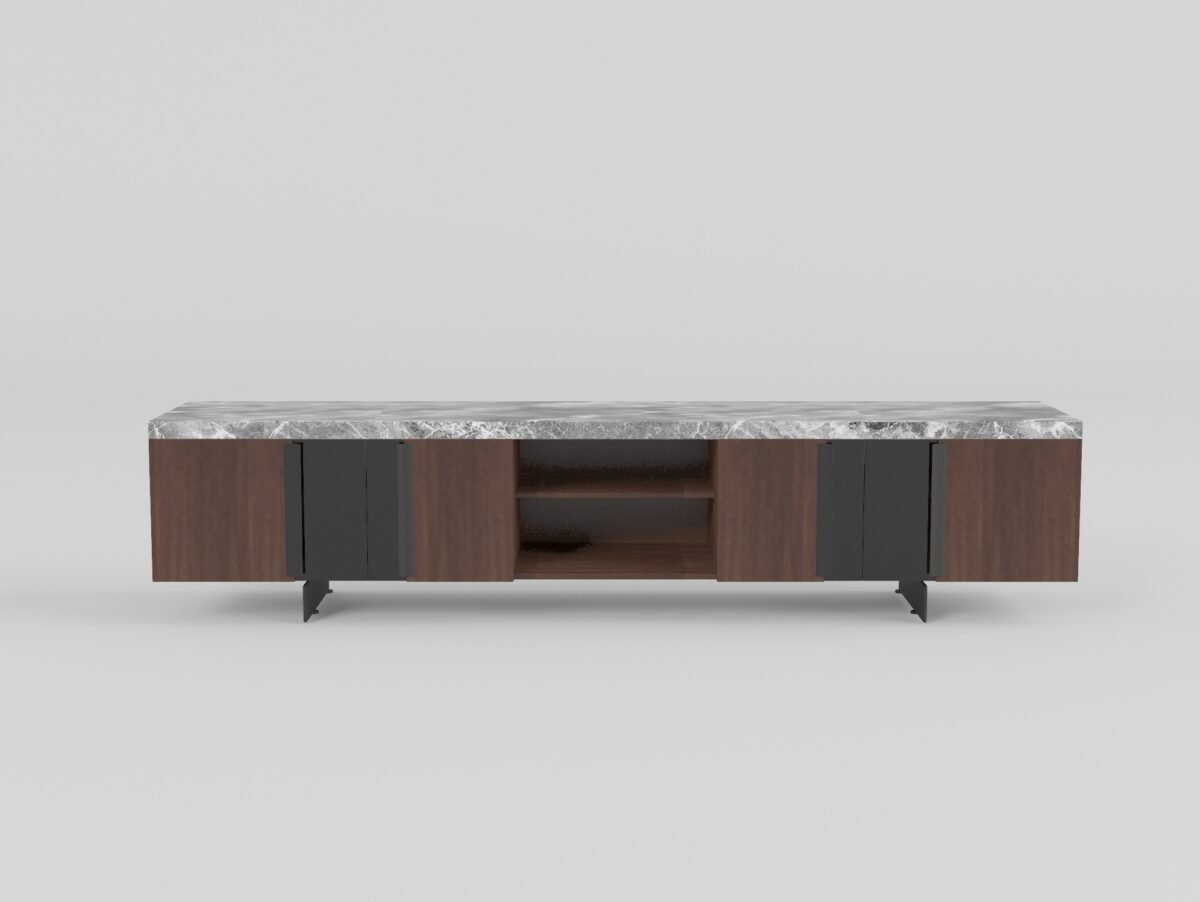 TV cabinet in Misty Rain Grey finish, front view