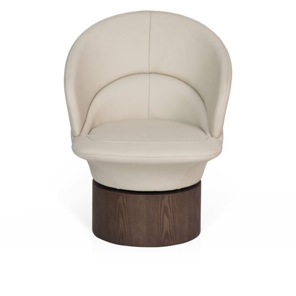 leather accent chair pearl ivory cowhide barrel back ash wood drum base front view
