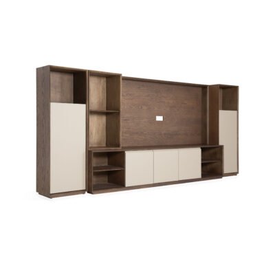 Combined TV cabinet set, angled assembly view