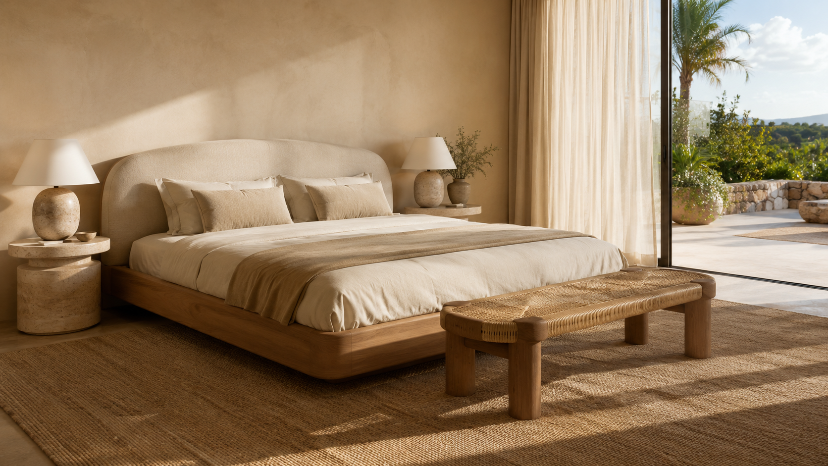 Luxury villa furniture in a 2026 bedroom design featuring sculptural natural wood furniture