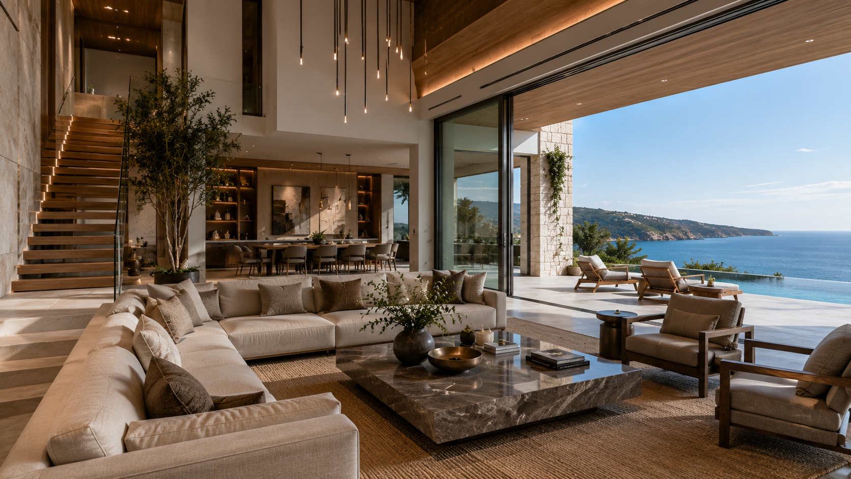 Luxury villa living room featuring bespoke furniture, natural stone finishes, floor-to-ceiling glass and premium interior design.