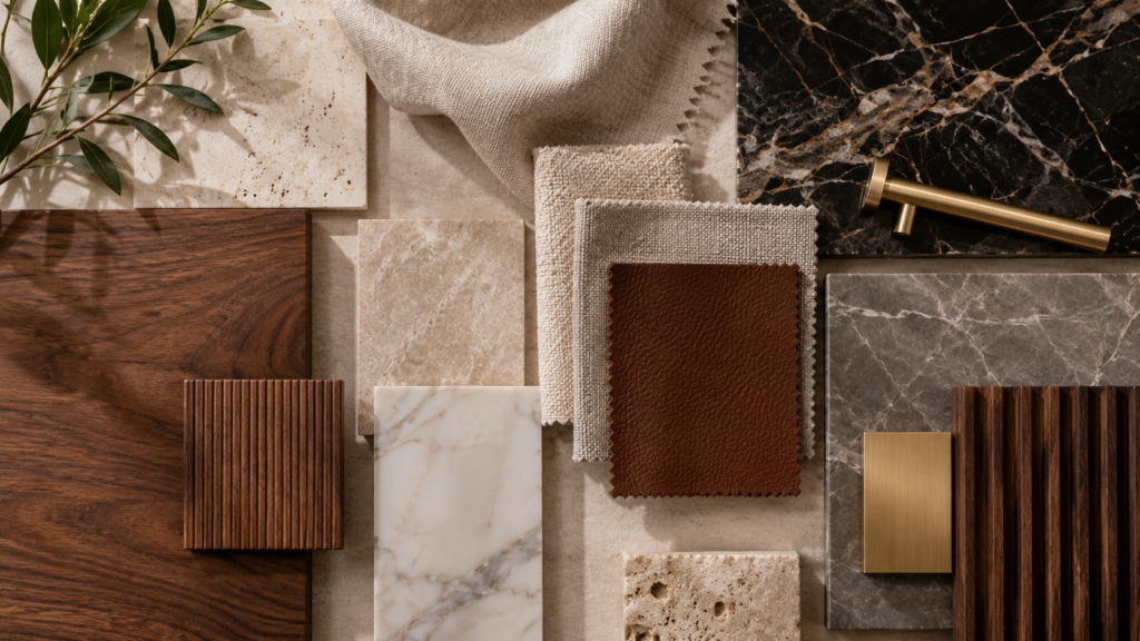 Premium furniture materials including walnut, marble, leather, brass and linen selected for a luxury villa project.