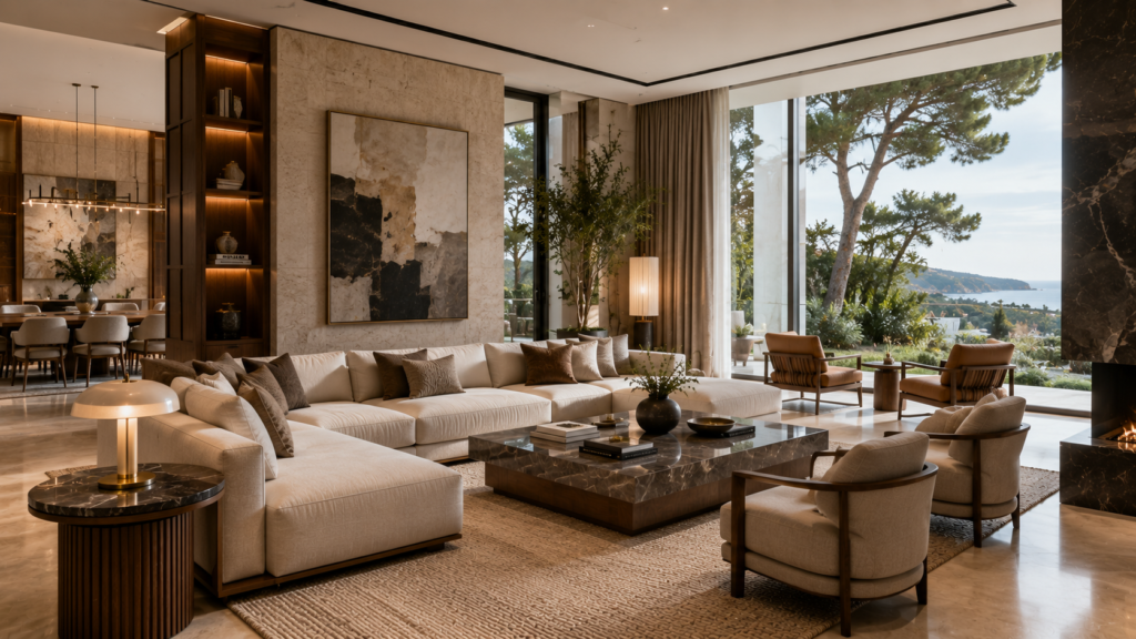 Contemporary luxury villa living room featuring solid wood furniture, natural stone surfaces and custom-made seating.