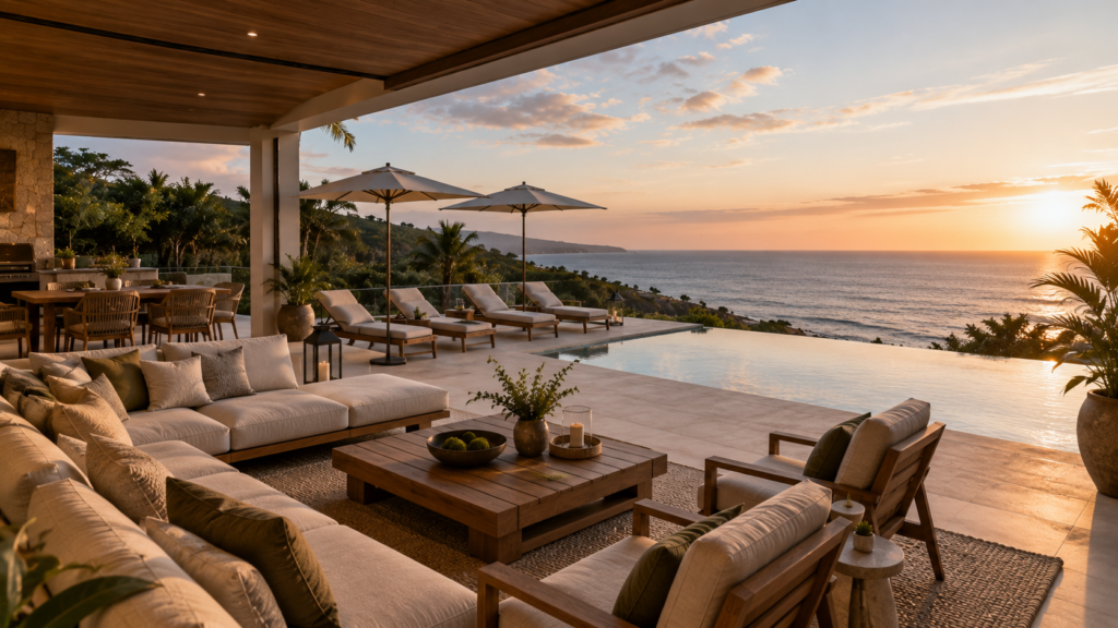 Luxury villa terrace with premium outdoor furniture overlooking an infinity pool and coastal landscape.