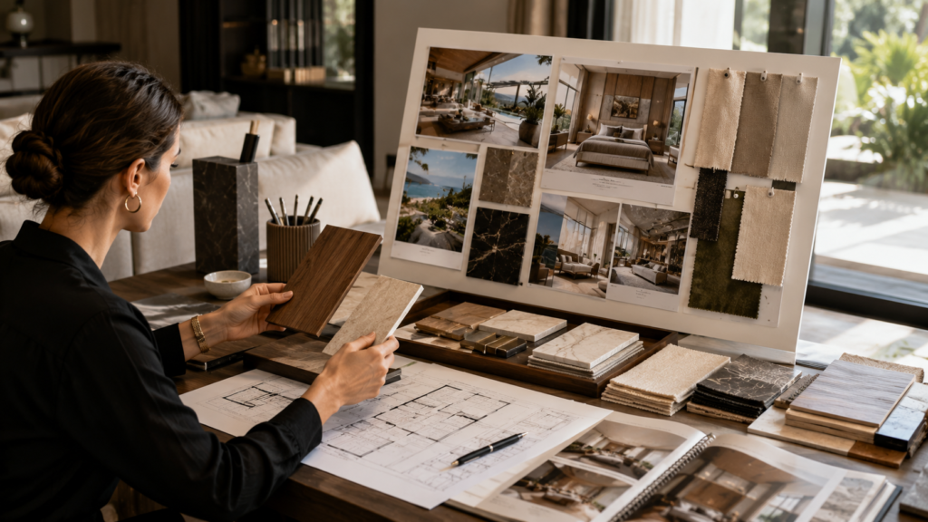 Interior designer reviewing bespoke villa furniture samples, finishes and mood boards.