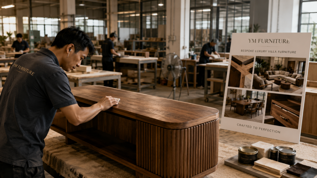 Skilled craftsman hand-finishing custom luxury villa furniture inside a modern manufacturing facility.
