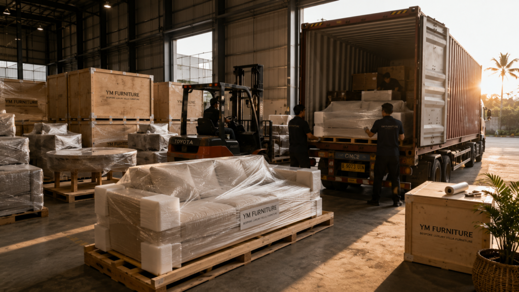 Luxury villa furniture securely packaged and prepared for international shipping.