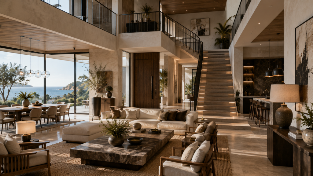 Open-plan luxury villa showcasing coordinated living room, dining room and kitchen furniture.