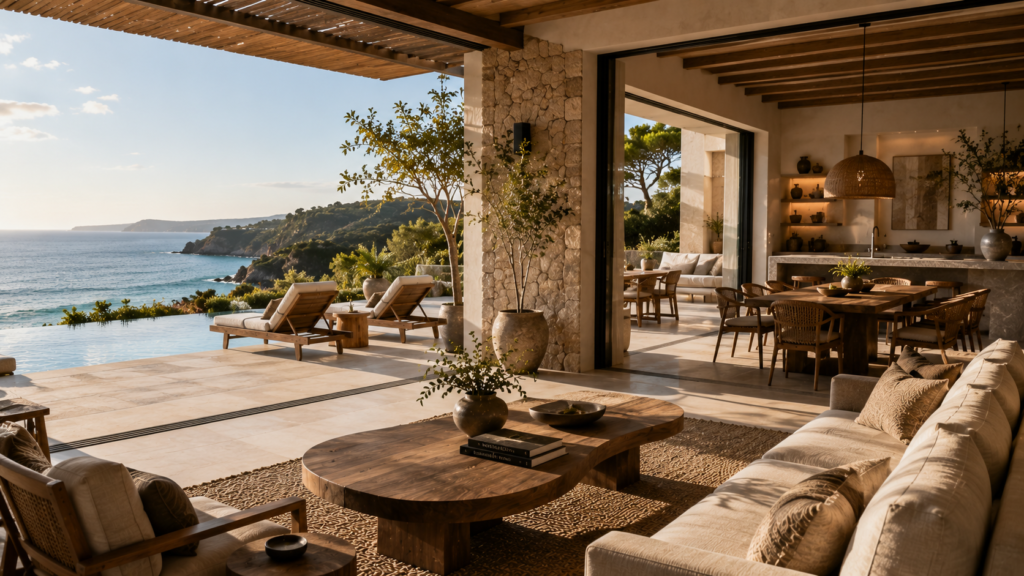 Luxury villa with seamless indoor and outdoor furniture design connecting the living room to the terrace.