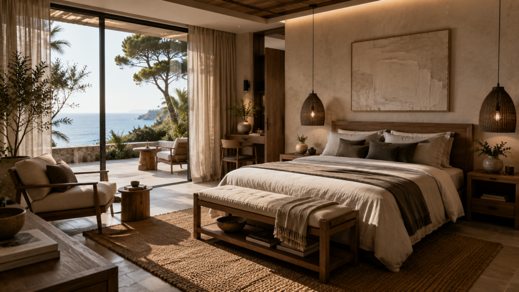 Luxury master bedroom featuring bespoke furniture, natural materials and elegant contemporary design.