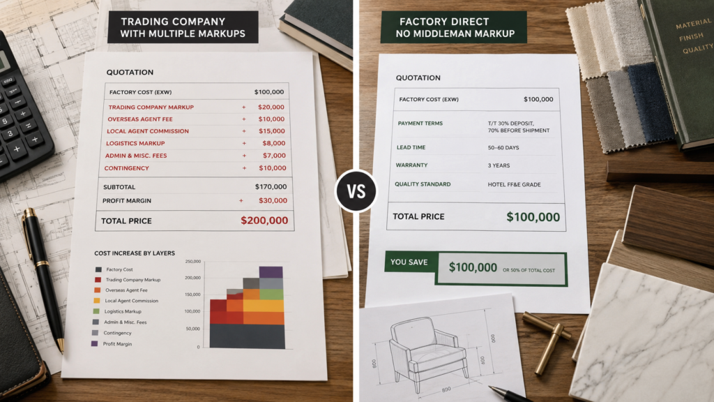 Steps to Import Hotel Furniture Directly from Chinese Factories 1 Split comparison showing factory-direct hotel furniture sourcing versus trading company procurement for hotel FF&E projects.