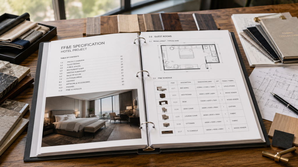Steps to Import Hotel Furniture Directly from Chinese Factories 2 Open FF&E specification binder displaying hotel furniture schedules, room layouts and material selections.
