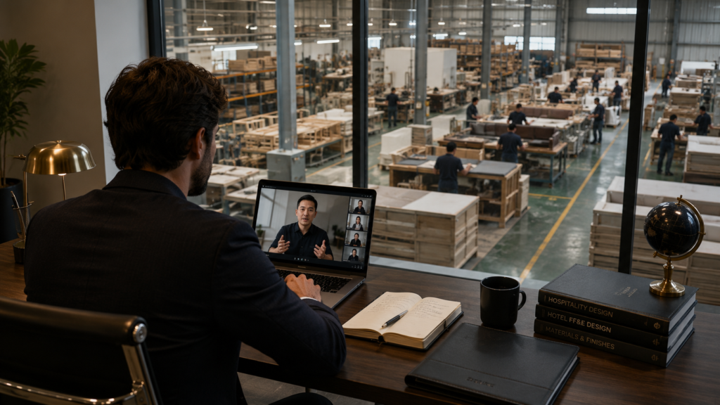 Steps to Import Hotel Furniture Directly from Chinese Factories 3 Procurement manager meeting directly with a hotel furniture manufacturer overlooking an active furniture factory.