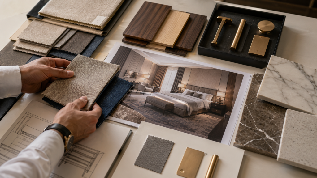 Steps to Import Hotel Furniture Directly from Chinese Factories 4 Fabric, wood veneer, marble and hardware samples reviewed against a hotel room design rendering before production.