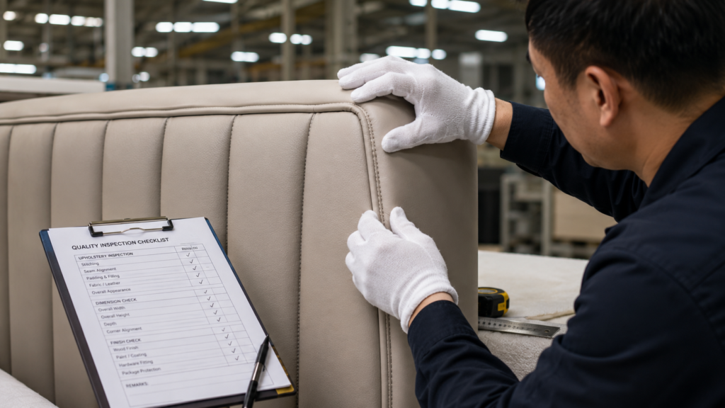 Steps to Import Hotel Furniture Directly from Chinese Factories 5 Inspector examining upholstery stitching on a custom hotel headboard during factory quality control.