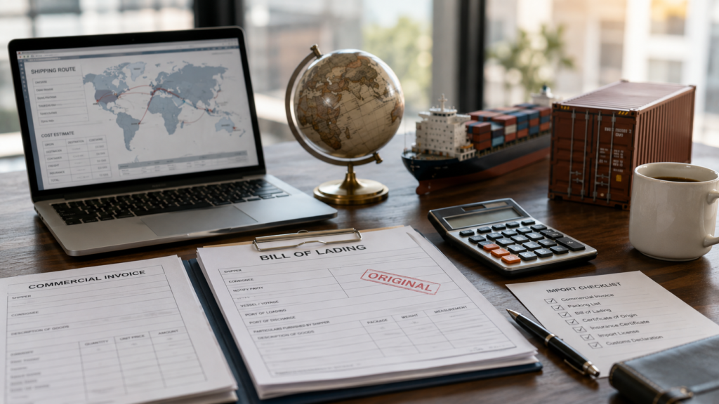 Steps to Import Hotel Furniture Directly from Chinese Factories 6 Shipping documents, bill of lading, freight planning tools and logistics paperwork for hotel furniture imports.