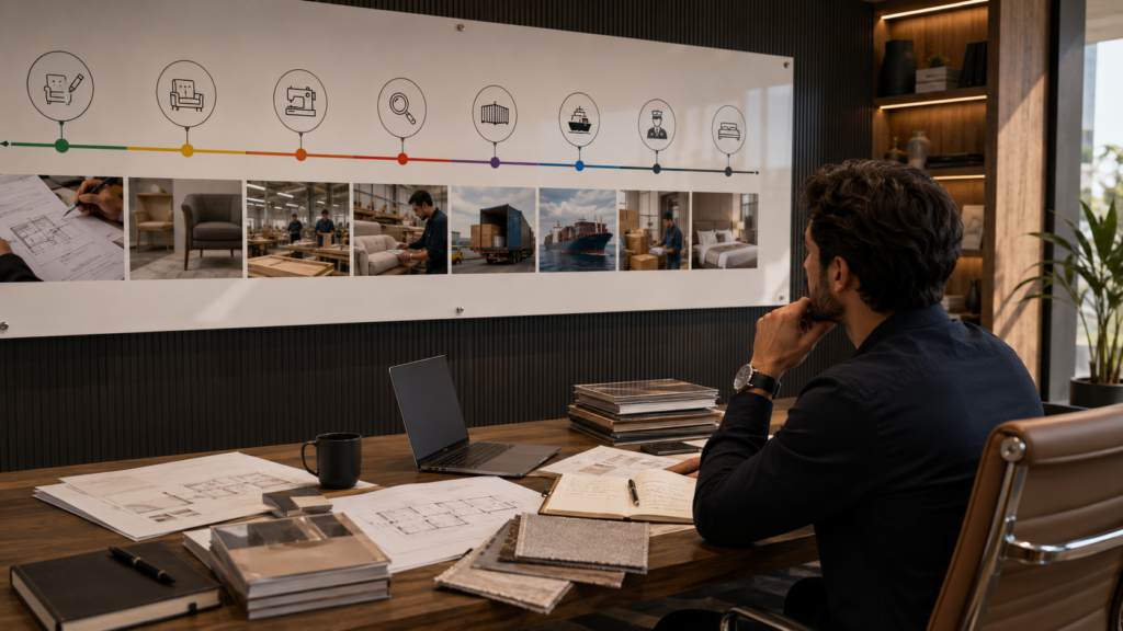 Steps to Import Hotel Furniture Directly from Chinese Factories 7 Project manager reviewing hotel furniture production milestones from design approval to installation.