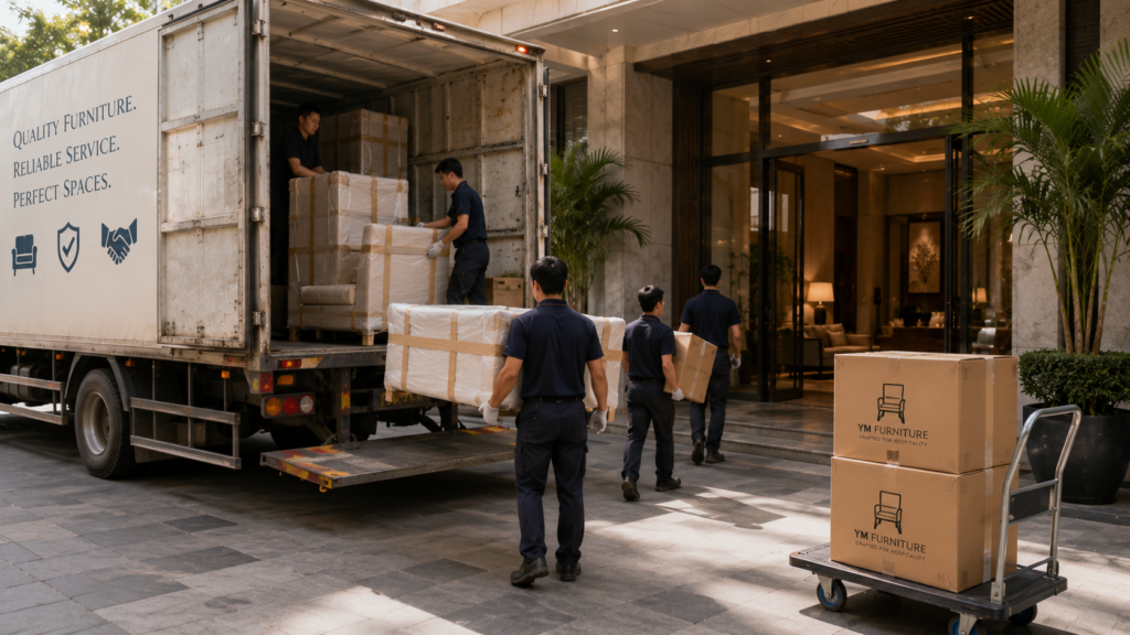 How to Source Hotel Furniture Directly from a Chinese Factory 7 Furniture delivery at modern building entrance