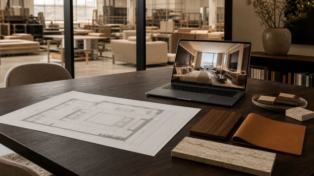 One-Stop Custom Furniture Manufacturer 1 Furniture design consultation desk with architectural floor plans, a laptop showing a hotel guest room rendering, and wood, leather, and stone material samples