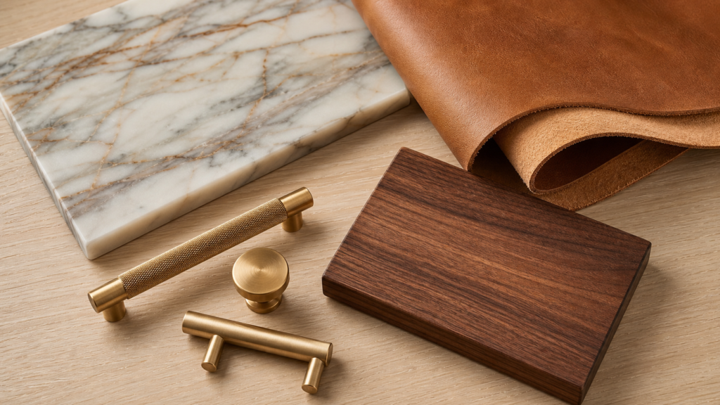 One-Stop Custom Furniture Manufacturer 2 Custom furniture material samples including Picasso marble, Italian-quality leather, walnut wood, and brushed brass hardware