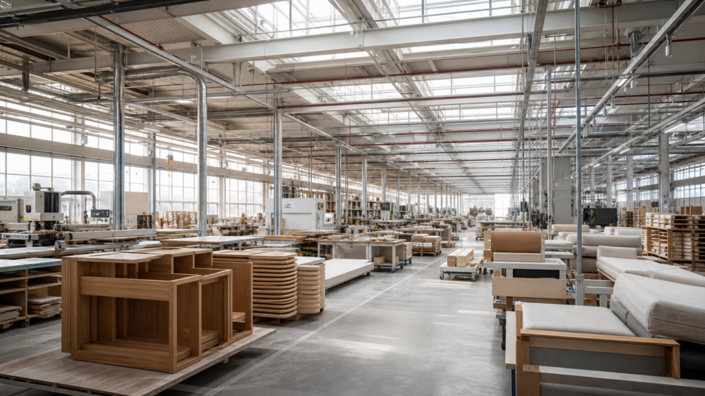 One-Stop Custom Furniture Manufacturer 3 Interior of a 70,000 square meter furniture manufacturing factory floor with custom furniture in production